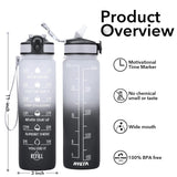 Hyeta 32 oz Water Bottles with Times to Drink and Straw, Motivational Water Bottle with Time Marker, Leakproof & BPA Free, Drinking Sports Water Bottle for Fitness, Gym & Outdoor, Gray-Black