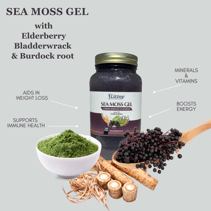 Organic Elderberry, Burdock Root and Bladderwrack Sea Moss Gel Supplement, Flavored Natural Irish Sea Moss Superfood for Immune Support & More, Vitamins, Vegan & Gluten Free