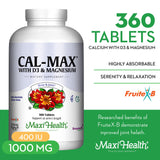 Calcium 1000 mg with Vitamin D3 (400 IU) and Magnesium (750 mg) - Cal Max Dietary Supplement for Bone, Teeth and Joint Support - For Men and Women - 360 Tablets - by Maxi Health