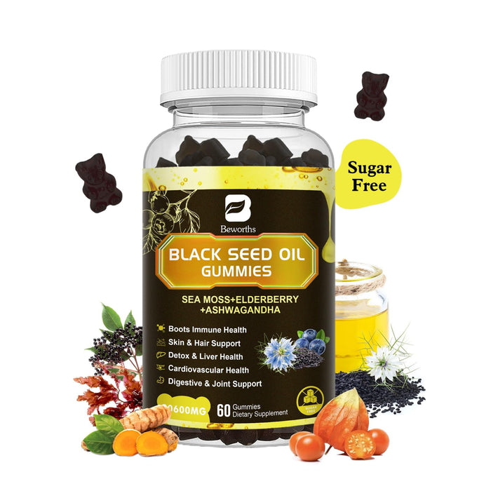 Black Seed Oil & Sea Moss Gummies, Organic Irish Sea Moss Gummies with Black Seed Oil, Ashwagandha Extract, Elderberry, Turmeric, Vitamin C Vitamin D3 - Immune Support, Joints, Digestion, Hair & Skin