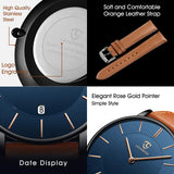 BEN NEVIS Watch, Mens Watch, Minimalist Fashion Simple Wrist Watch Analog Date with Leather Strap Orange Blue