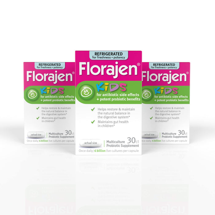 Florajen Kids Probiotic, 6 Billion CFUs, Refrigerated Probiotics for Kids, Multi Culture Probiotic Supplement, Relieves Occasional Gas, Bloating & Constipation, Supports Gut Health, 30 Ct (3 Pack)