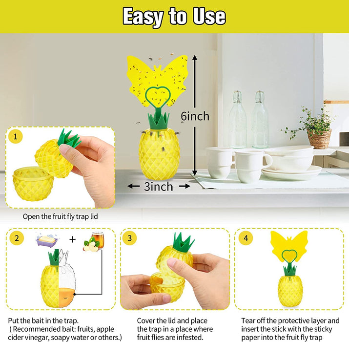 Fruit Fly Trap with Sticker, 2024 New Upgrade Effective Fly Catcher Gnat Traps for Indoor with Yellow Sticker, Non-Toxic Reusable Gnat Killer Fruit Fly Catcher with Bait for Kitchen/Plant -2 Pack