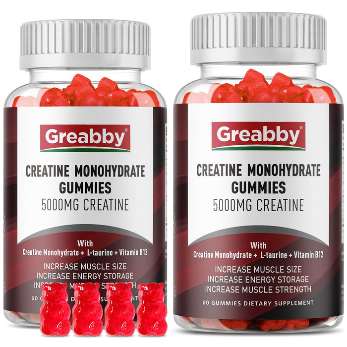 GREABBY Creatine Monohydrate Gummies - 5g Creatine Monohydrate for Women & Men, L-Taurine, B12, Creatine Chews for Muscle Growth, Increase Strength and Build Muscle, Mixed Berry Flavor 120 Count