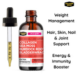 Collagen Mojo Liquid Collagen Peptides with Sea Moss, Burdock Root & Bladderwrack - High Potency/Absorption Formula. Hair, Skin, Nail + Joint Support. Weight Management & Immunity Booster 2 Oz.