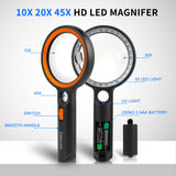 Magnifying Glass with 30 LED Lights, 10X 20X 45X Handheld Illuminated Lighted Magnifier with 1UV Light for Seniors Reading, Inspection, Coins, Jewelry, Exploring Light Magnifying Glass (Orange)