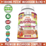 FRESH HEALTHCARE Mushroom Supplement - Lions Mane, Cordyceps, Reishi, Turkey Tail, and Shitake - Immune and Brain Support - Peak Power Mushroom Supplement - 90 Vegan Capsules