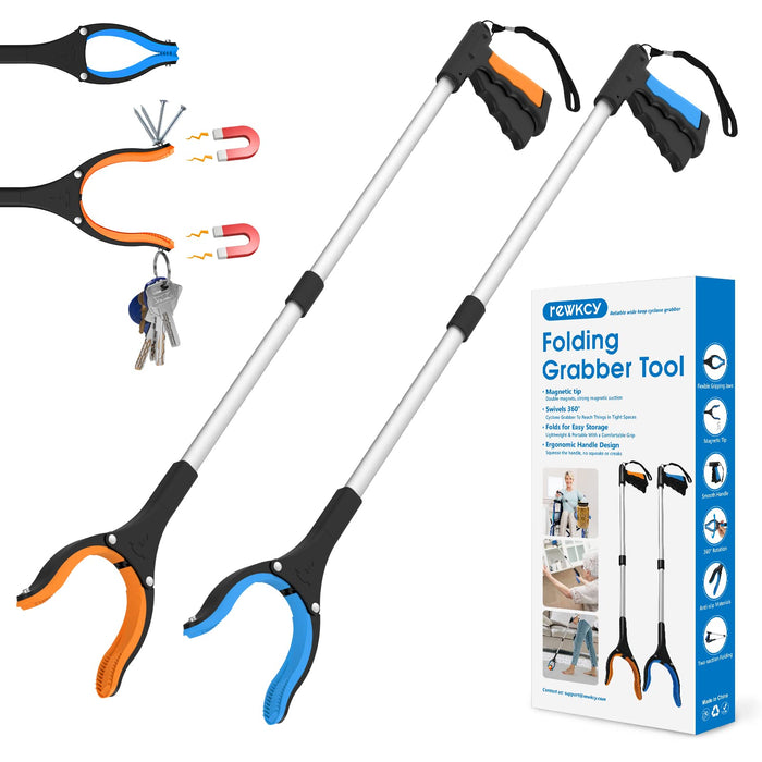 2 Pack 34" Long Grabber Tool, Foldable Grabbers for Elderly Grab It Reaching Tool with Rotating Jaw +Magnets, 4" Wide Claw Opening Reacher Grabber Pickup Tool, Grabber Reacher Tool Heavy Duty