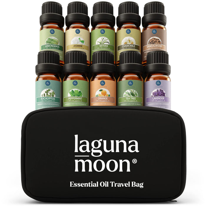 Essential Oils Set - 10pc Aromatherapy Oil in Portable Bag - Diffusers, Humidifiers, Yoga Room, Massages, Candle Making, Soaps - Peppermint, Tea Tree, Lavender, Eucalyptus, Lemongrass (10mL)