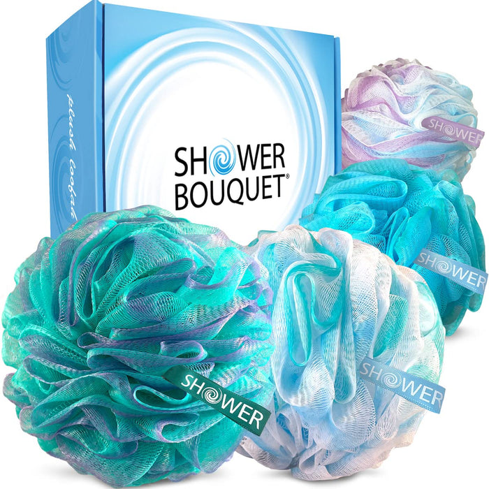 Loofah Bath-Sponge Swirl-Set-XL-75g by Shower Bouquet: Extra-Large Mesh Pouf (4 Pack Color Swirls) Luffa Loofa Loufa Puff Scrubber - Big Full Lather Cleanse, Exfoliate with Beauty Bathing Accessories