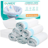 OUMEE 60 Count Commode Liners with Absorbent Pads, Potty Chair Liners for Bedside Commode Bucket, Portable Toilet Liner Bags for Adults Commode Bags Camping Gel Bags (60Bags + 60Pads)