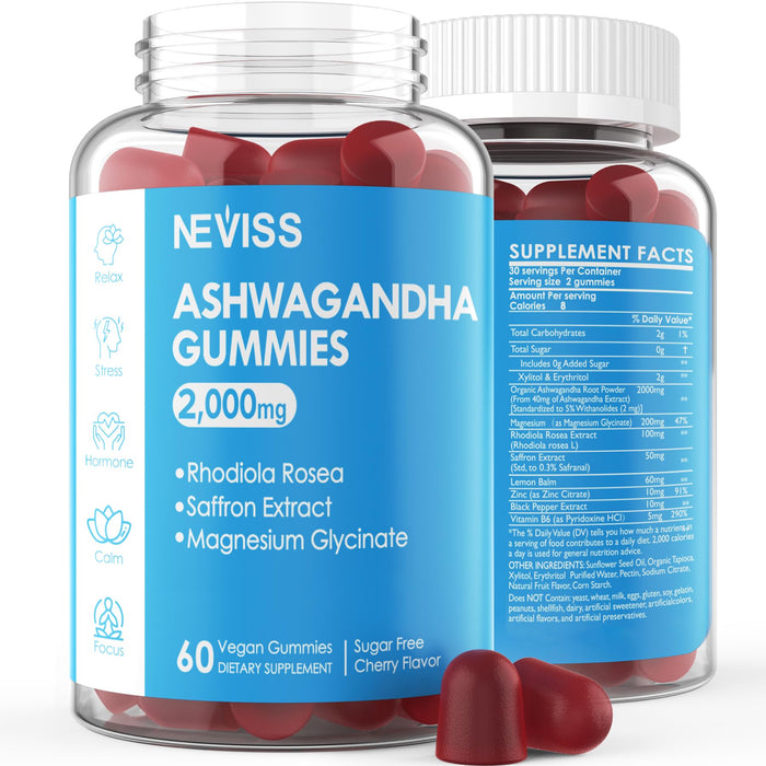 Nevissbags Sugar Free Ashwagandha Gummies 2000mg - with Magnesium Glycinate, Rhodiola Rosea, Saffron, Zinc, Lemon Balm, B6 - Relaxation Support, Natural Zzz, Stamina, Energy for Men Women - 60 Counts