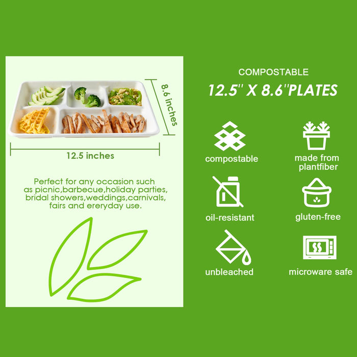 Vplus 100% Compostable 5 Compartment Paper Plates, 100 Pack, 12.5 * 8.6 inch Disposable School Lunch Trays, Eco-Friendly Bagasse Plates for Buffet, and Party