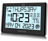 BOZYBO Digital Clock with 6 Alarm Clocks: Atomic Clock with Indoor Temperature Self Time Correction Clock with Day and Date for Elderly Adjustable Brightness Wall Clock or Desk Clock for Bedroom