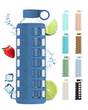 purifyou Premium 40/32 / 22/12 oz Glass Water Bottles with Volume & Times to Drink, Silicone Sleeve & Stainless Steel Lid Insert, Reusable Bottle for Fridge Water, Juice (32oz Chinese Porcelain)