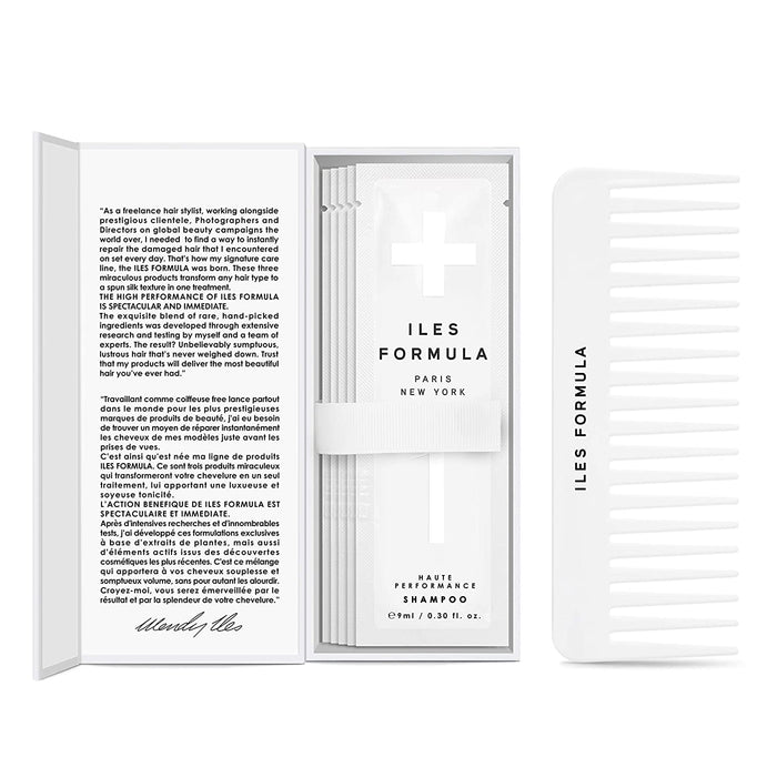 Iles Formula Discovery + Travel Kit: Cleanse, Repair, and Protect All Hair Types, Haute Performance Shampoo + Conditioner + Finishing Serum & Comb, 4 Sachets