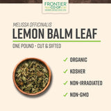 Frontier Co-op Organic Cut & Sifted Lemon Balm Leaf 1lb - Dried Lemon Balm Herb Lemon Balm Loose Leaf Tea Herb - Melissa Tea, Toronjil Tea