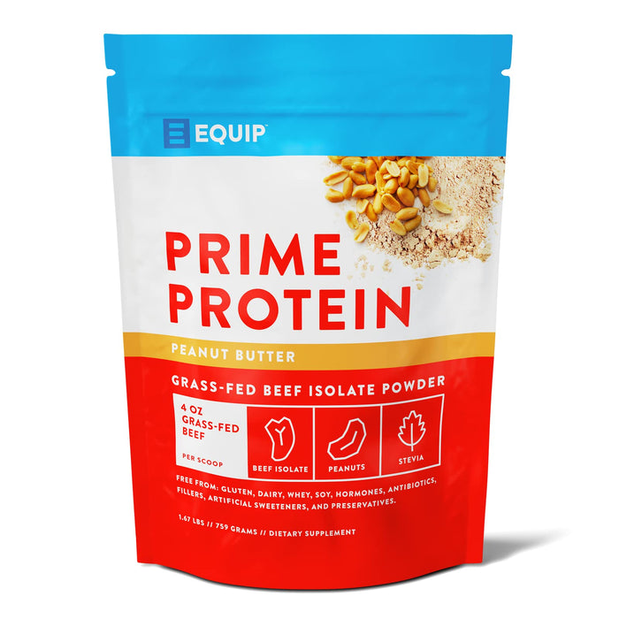 Equip Foods Prime Protein - Grass Fed Beef Protein Powder Isolate - Paleo and Keto Friendly, Gluten Free Carnivore Protein Powder - Peanut Butter, 1.67 Pounds - Helps Build and Repair Tissue