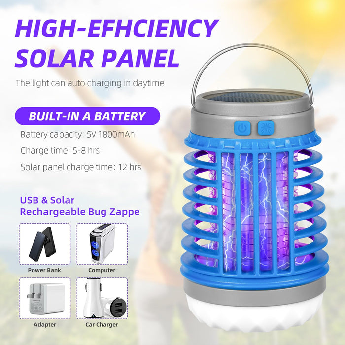 Solar Bug Zapper Outdoor Waterproof Mosquito Zapper for Patio Home Camping, 3 in 1 Cordless Mosquito Light Killer Portable Small Bug Zapper - Camping Light, Mosquito Killer, Flashlight - Blue, 2 PCS