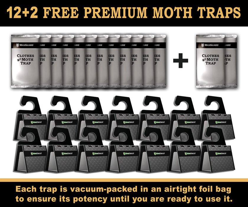 MaxGuard Clothes Moth Traps (12+2 Free Traps) Extra Strength Pheromones | Non-Toxic Sticky Glue Trap for Closets and Carpet Moths | No Mothballs | Lure, Trap and Kill Case-Bearing Webbing Moths |