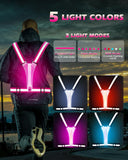 Zacro LED Reflective Vest Running Gear, 5 Lights Colors High Visibility Reflective Running Gear Rechargeable Light Up Running Vest for Walking Running Cycling, Adjustable for Men Women Kids(Pink)