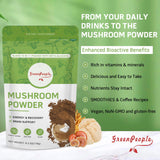 GREENPEOPLE Mushroom Powder - Mushrooms Supplement Blend for Coffee & Smoothies - Lions Mane, Turkey Tail, Reishi, Chaga, Shiitake, Cordyceps, Complex - 6.2oz Mushroom Supplement(60 Servings)