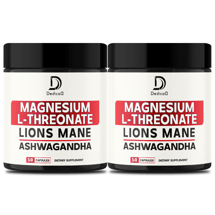 2 Packs 50 Capsules - Magnesium L-Threonate Supplement with Lions Mane & Ashwagandha Root - 1000Mg Per Serving - Advanced Formula Support