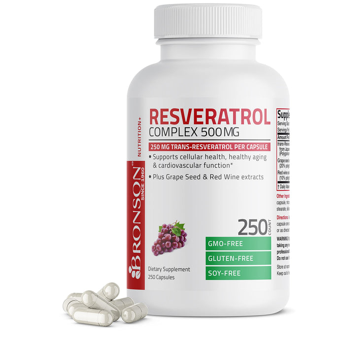 Bronson Resveratrol 500 Complex Standardized Trans-Resveratrol + Grape Seed & Red Wine Extract, 250 Capsules