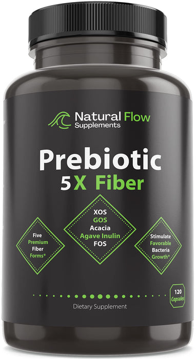 Prebiotic Fiber Supplement 5-in-1 Capsules - Natural Flow 5X Fiber XOS, GOS, FOS, Acacia and Agave Inulin, Daily Soluble Fiber Formula for Gut Support and Boost Good Bacteria Diversity, 120 Caps