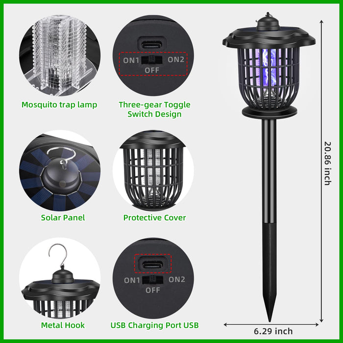 2024 Upgraded Solar Bug Zapper Outdoor, Mosquito Zapper Outdoor UV Bug Lights Mosquito Killer Mosquito Repellent for Outdoor Use Garden Pathway Patio,2 Pack