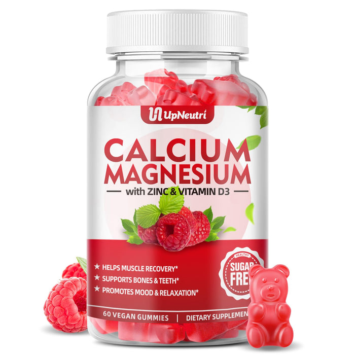 Calcium Magnesium Zinc with Vitamin D3 Supplement, Sugar Free Calcium Gummies for Women Men, High Absorption Zinc Gummies for Bone & Muscle & Immune Health, Vegan Raspberry Flavor - 60 Count