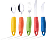 Special Supplies Adaptive Utensils(5-Piece Kitchen Set) Wide, Non-Weighted, Non-Slip Handles for Hand Tremors, Arthritis, Parkinson’s or Elderly Use - Stainless Steel Knives, Fork, Spoons - Multicolor