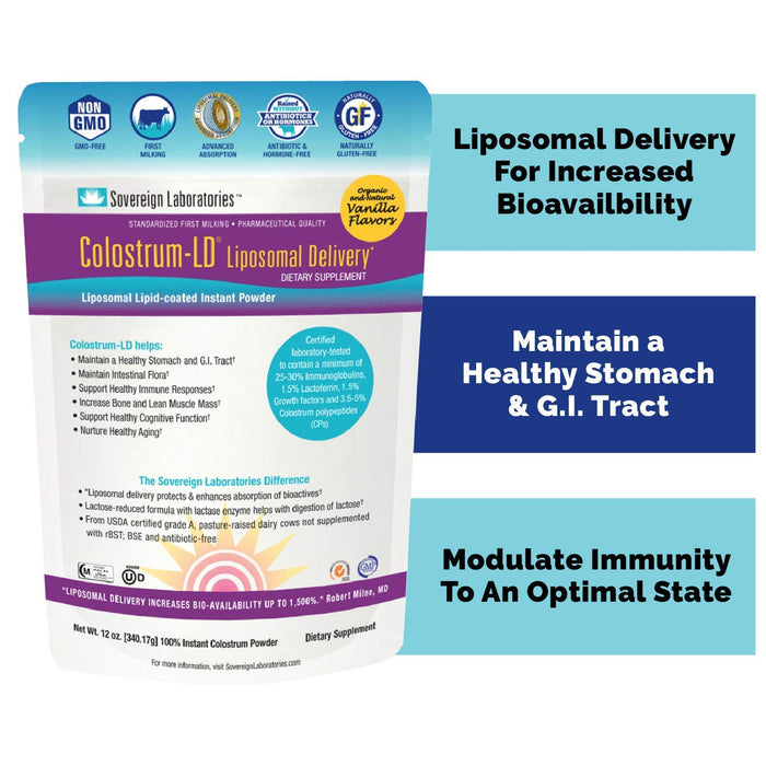 Organic Colostrum-LD Powder with Proprietary Liposomal Delivery (LD) Technology for up to 1500% Better Bioavailability Than Regular Bovine Colostrum (Organic Vanilla, 12 Ounce)