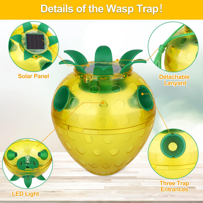 Solar Wasp Traps Outdoor Hanging, 2024 New Upgrade Yellow Jacket Wasp Catcher for Trapping Hornet, Non-Toxic Reusable Wasp Catcher for Outdoors Trapping Wasp with LED Light (Yellow, 2 Pack)