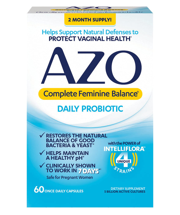 AZO Complete Feminine Balance Daily Probiotics for Women, Clinically Proven to Help Protect Vaginal Health, balance pH and yeast, Non-GMO, 60 Count