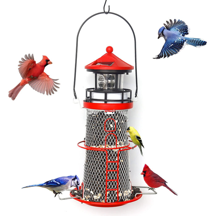 wtreew Solar Lighthouse Bird Feeder with Rotating Beacon - 14" Hanging Mesh Wild Bird Feeders for Eaves, Balcony, Trees, Hooks, Ideal Bird Feeder Gifts for Bird Lovers,Women,Kids,Elderly(Apple Red)