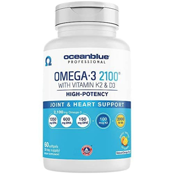 Oceanblue Professional Omega-3 2100 with Vitamin K2 and Vitamin D3-60 Count - Triple Strength Burpless Fish Oil Omega-3 Supplement with EPA, DHA & DPA - Wild Caught - Orange Flavor, 30 Servings