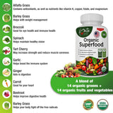 Organic Superfood Greens Fruits and Veggies Complex - Best Dietary Supplement with 14 Greens &14 Fruits & Vegetables with Alfalfa Rich in Antioxidants Organic Ingredients Non-GMO (180 Count Pack of 3)