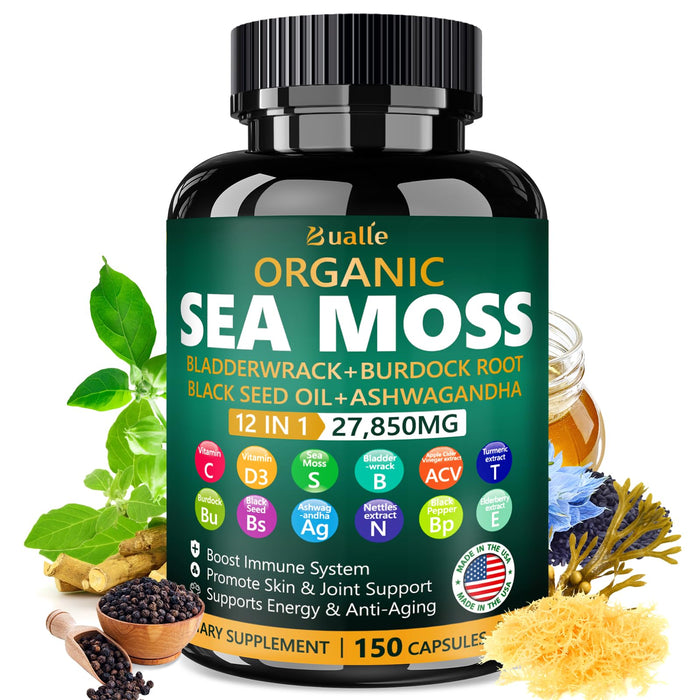 Bualle Organic Sea Moss Capsules 27,850mg with Sea Moss,Black Seed Oil,Ashwagandha,Bladderwrack,Ginger,Burdock Root for Immune System,Skin,Energy Support-USA Made (150 Capsules)