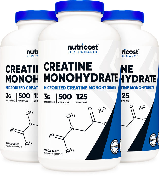 Nutricost Creatine Monohydrate 3000mg (750mg Per Cap), 500 Capsules (3 Bottles)