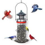 wtreew Solar Lighthouse Bird Feeder with Rotating Beacon - 14" Hanging Mesh Wild Bird Feeders for Eaves, Balcony, Trees, Hooks, Best Bird Feeder Gifts for Bird Lovers,Women,Kids,Elderly(Retro Black)