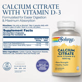 Solaray Calcium Citrate with Vitamin D3 1000mg - Bone Strength and Healthy Teeth Support - Gentle Digestion Formula - Lab Verified, 60-Day Guarantee - 30 Servings, 180 Capsules