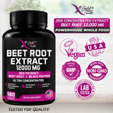 Beet Root Extract Capsules - 12000mg 20x Concentrated Beet Root Capsules Supplement w/Black Pepper - High Nitrates - Natural Nitric Oxide Booster - Highly Concentrated & Bioavailable -180 Veggie Caps