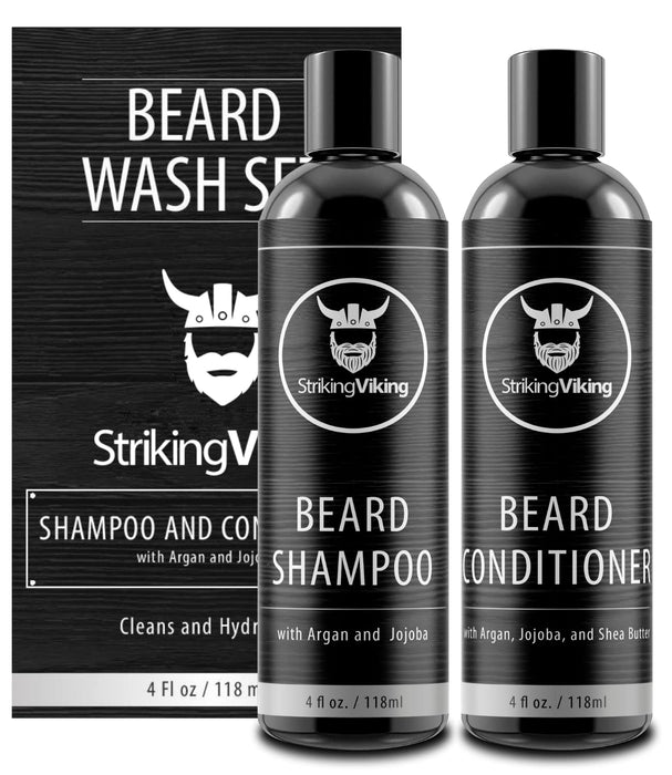 Beard Shampoo and Beard Conditioner for Men, Naturally Derived Ingrediets Beard Wash Set Cleanse Softens & Conditions with Organic Argan and Jojoba Beard Oils, Sulfate & Paraben Free - Striking Viking