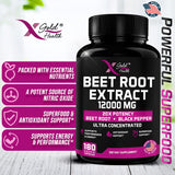 Beet Root Extract Capsules - 12000mg 20x Concentrated Beet Root Capsules Supplement w/Black Pepper - High Nitrates - Natural Nitric Oxide Booster - Highly Concentrated & Bioavailable -180 Veggie Caps