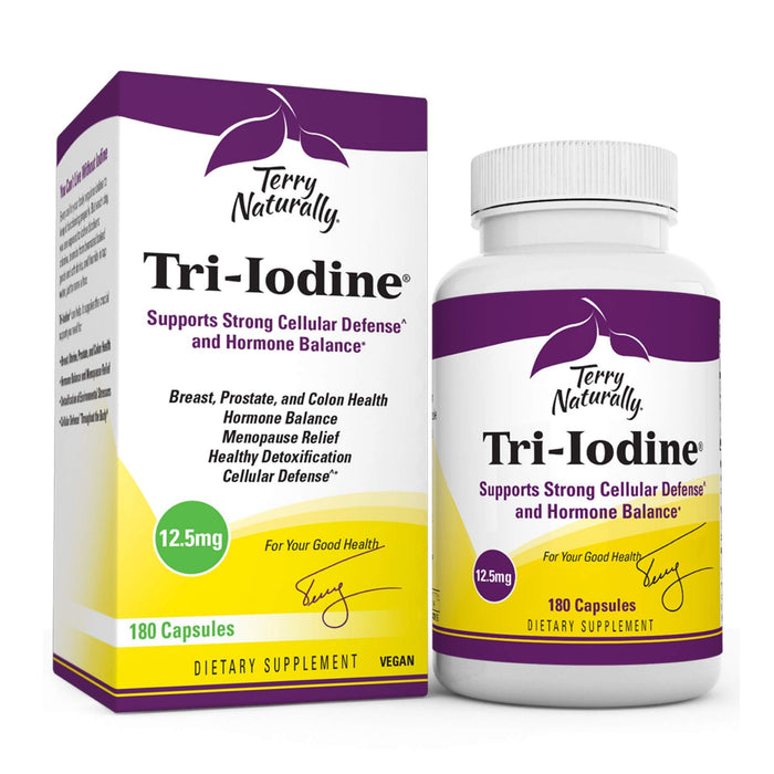 Terry Naturally Tri-Iodine 12.5 mg - 12500 mcg Iodine, 180 Vegan Capsules - Supports Hormone Balance, Promotes Breast & Prostate Health - Non-GMO, Gluten-Free, Kosher - 180 Servings