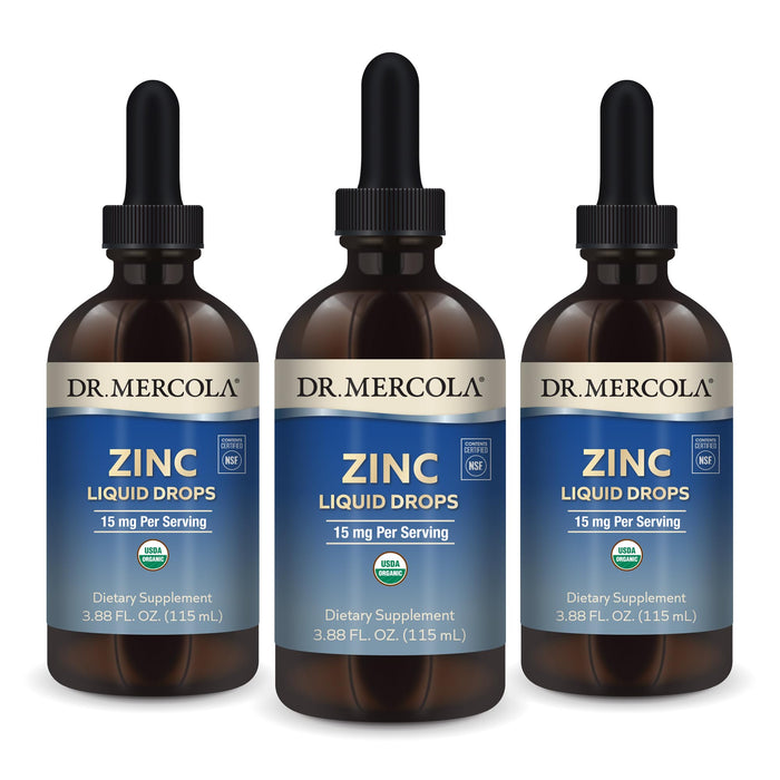 Dr. Mercola Zinc Liquid Drops, 3.88 Fl. Oz. (115 mL), 3-Pack (About 84 Servings), Dietary Supplement, 15mg Per Serving, Immune Support & Cognitive Function, Certified USDA Organic