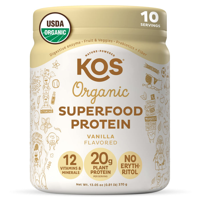 KOS Plant Based Protein Powder, Vanilla USDA Organic - Low Carb Pea Protein Blend, Vegan Superfood Rich in Vitamins & Minerals - Keto, Soy, Dairy Free - Meal Replacement for Women & Men - 10 Servings