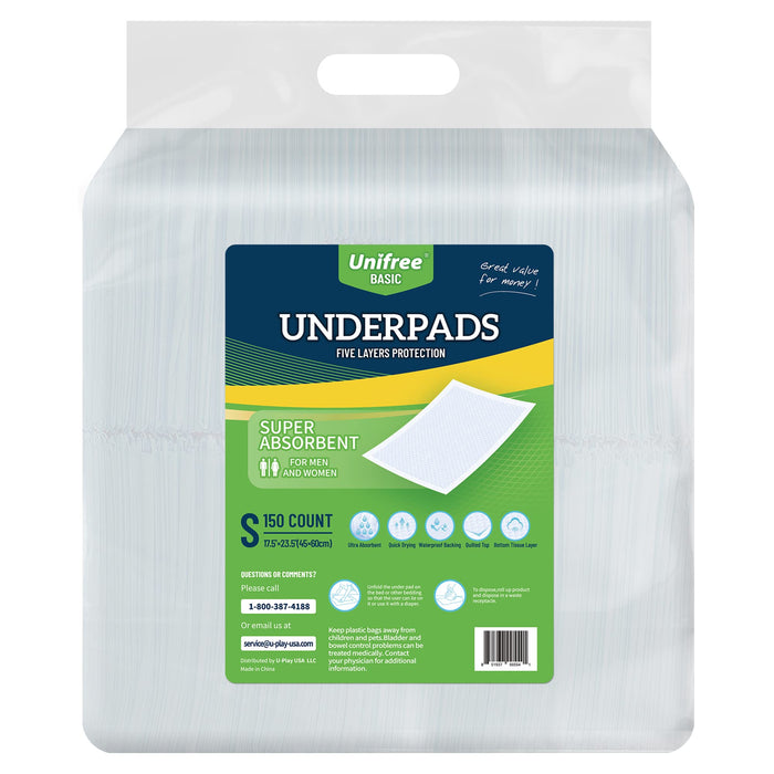 Unifree Disposable Underpads, Bed Pads, Incontinence Pad, Super Absorbent, 150 Count, Blue (S 17.5x23.5 Inch)