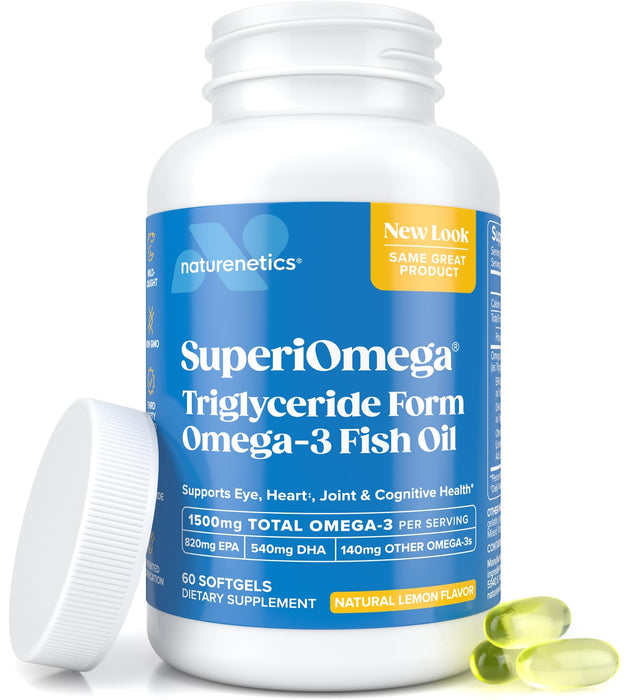 Triglyceride Omega 3 Fish Oil for Dry Eyes, Joint, Heart and Brain Health | Dry Eye Supplement | Triglyceride Omega 3 Supplement with High EPA & DHA | Lemon Flavor Omega 3 Fatty Acid Supplements | 60